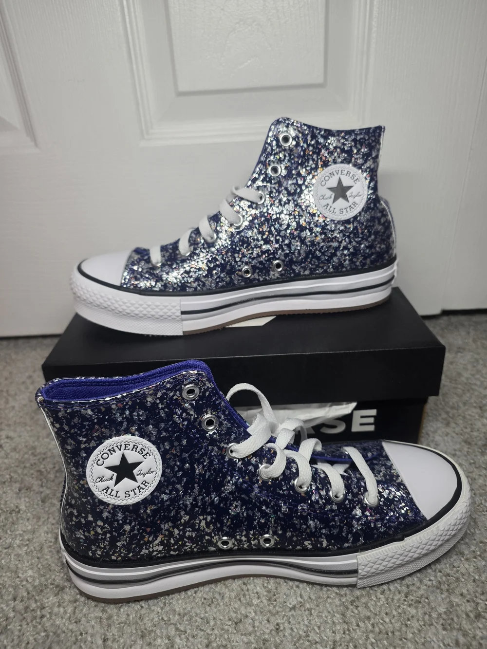 Converse A10043C All Star Glitter Junior Girls Sneakers In Navy Sz 5.5